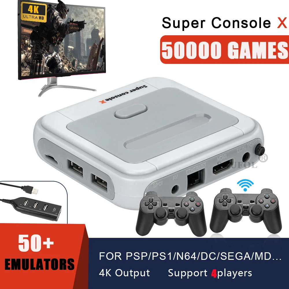 Ретро Wi-Fi супер консоль X с 50000 играми 2 4G беспроводными контроллерами 4K HD ТВ видео