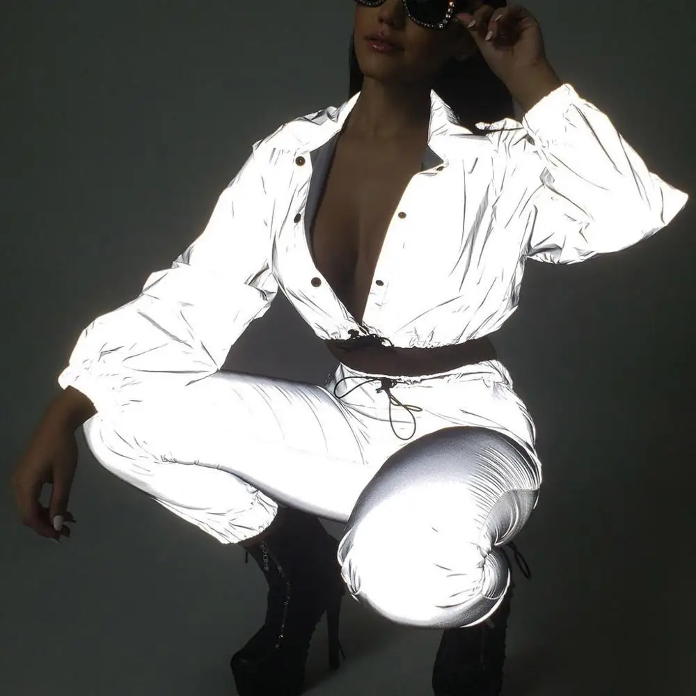 Женский сексуальный светоотражающий спортивный костюм ночная версия пуговицы
