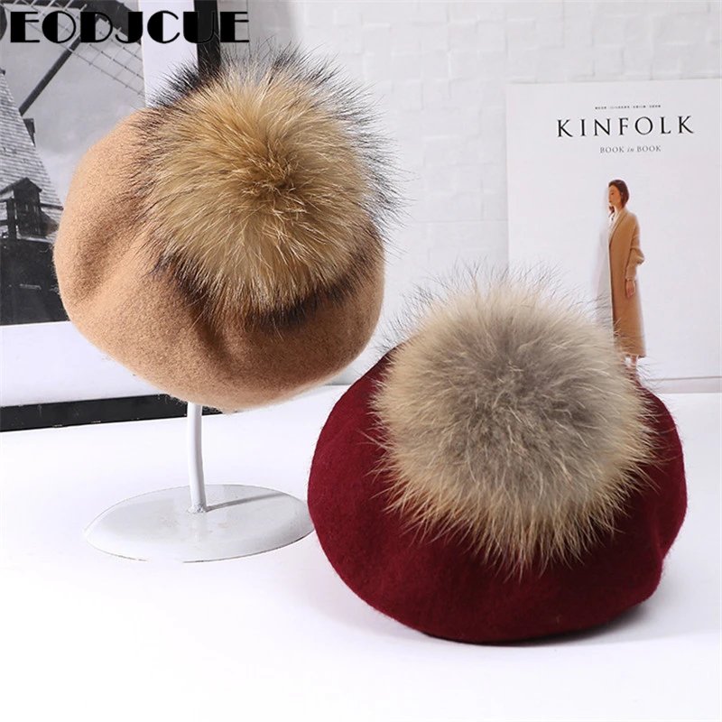 2019 Зимний берет шляпу Для женщин 15 см зимняя шапка из меха енота Берет шерстяной