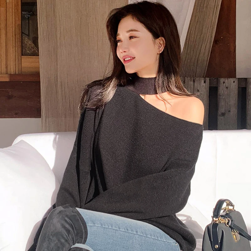 Свитер Женский вязаный оверсайз с воротником хомут корейский пуловер свободная