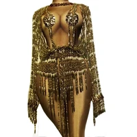 gold rhinestones chain embellished beaded bodysuit women shiny costume for women nightclub performance clothing stage wear lady