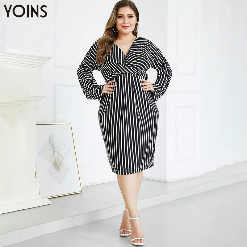 YOINS элегантное платье миди в полоску с v образным вырезом и рукавами
