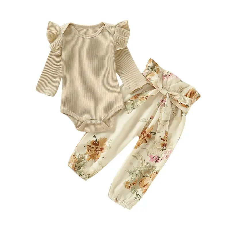 

Spring Autumn Newborn Baby Girl Ruffle Long Sleeve Bodysuit Jumpsuit Floral Pants Trousers 2Pcs Outfit Set 6M-3Y