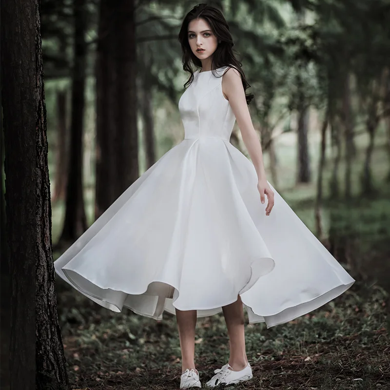 luxury quality fashion women's round neck dress high-end satin white wedding dress dignified temperament elegant wedding dress