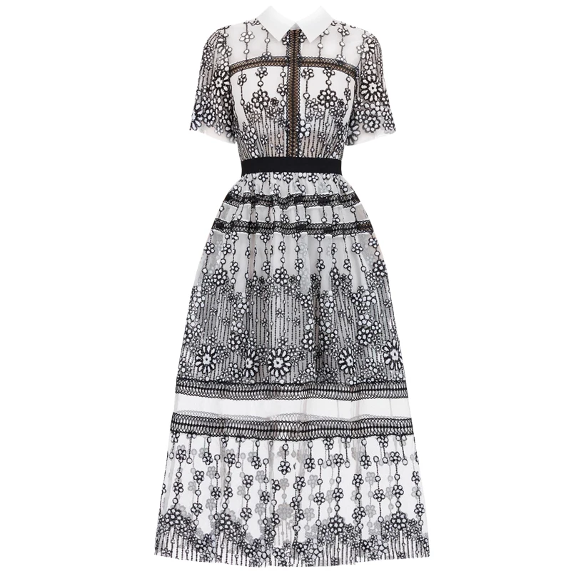 

Vintage Lace Embroidery Pleated Long Dress Women 2019 High Quality Designer Self Portrait Dress