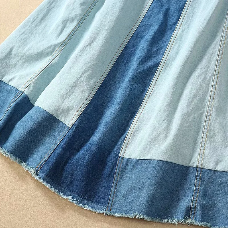 

High Quality Strap Dress 2020 Spring Summer Denim Dress Ladies Color Block Patchwork Mid-Calf Length Sleeveless Casual Jean Dres