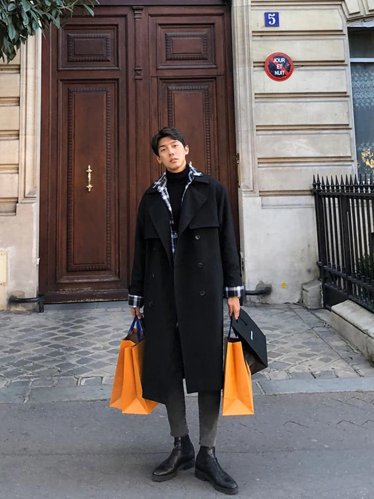 

Trench Men Turn Down Collar Autumn Double-breasted French Style Chic Fashion All-match Spring Outerwear Windbreaker Loose New