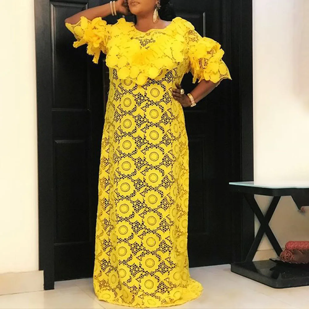 

Summer 2021 Women's Dress Lace Loose Oversize Robe Round Neck Long Sleeve Solid Color Europe America Explosion