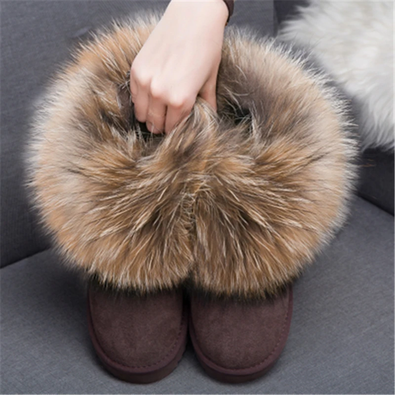 chacolate suede Зимние ботинки с натуральным лисьим мехом; женская обувь с мехом енота; короткие ботинки из натуральной замши; женские ботильоны; женская теплая обувь на плоской подошве - Цвет: chacolate suede