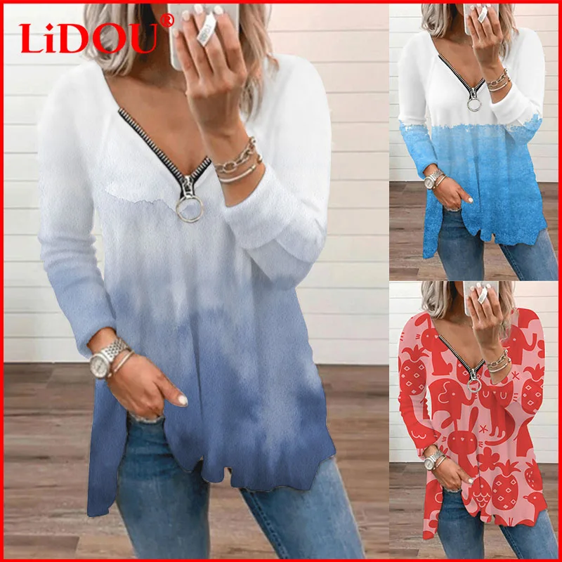 

Женский топ на молнии с V-образным вырезом и принтом