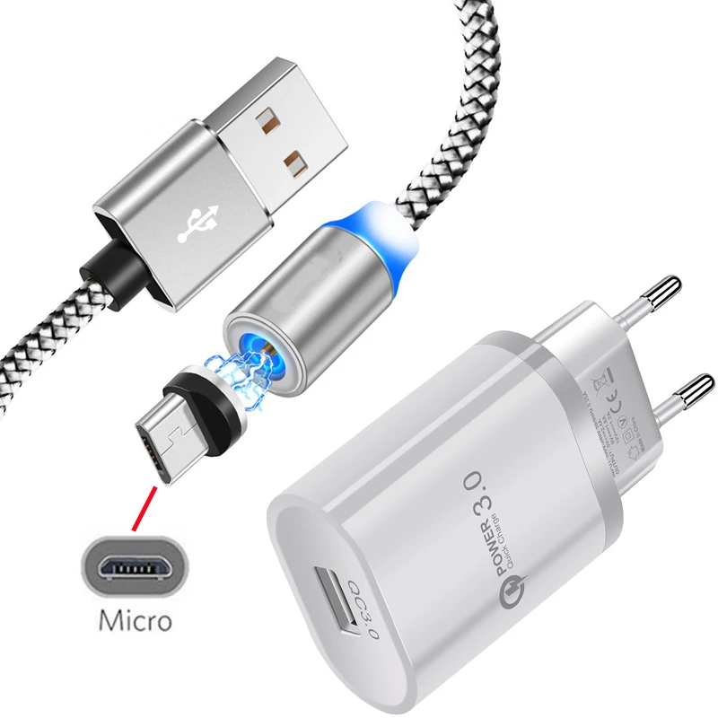 Быстрое зарядное устройство QC 3 0 + Магнитный кабель Micro USB для передачи данных Samsung