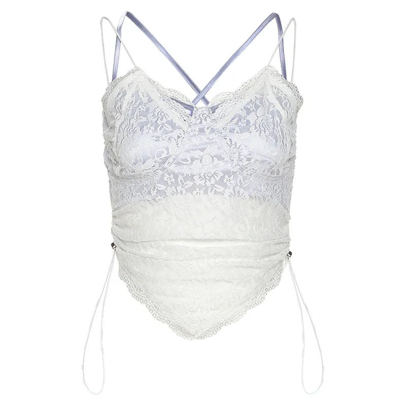 

Women Sexy Drawstring Spaghetti Straps Backless Slim Solid Lace Camisole White Black Fashion Patchwork Crop Top Street Club Vest