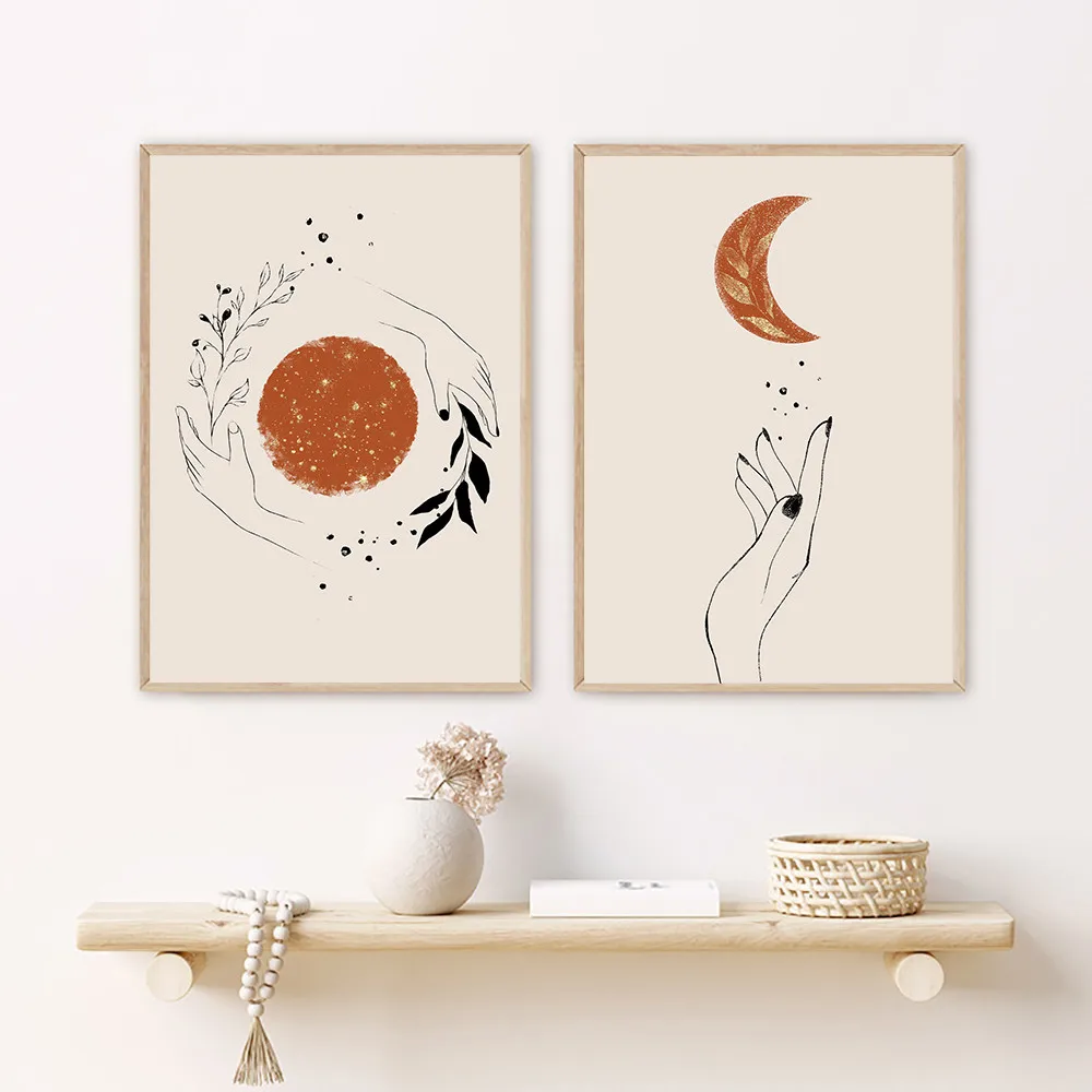 

Vintage Abstract Boho Decor Poster Mystic Hand Sun and Moon Scene Canvas Prints Paintings for Living Room Home Decor Wall Art