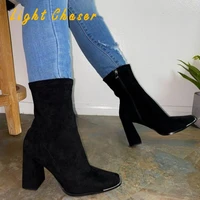 autumn winter square toe thick heel suede mid tube boots women suede women short boots fashion women high heels plus size 42 43