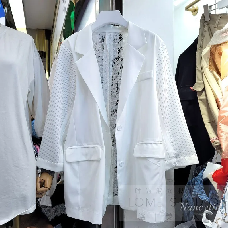 

White Lace Blazer Women 2021 Spring and Summer New Back Lace Hollow-out Elegant Suit Jacket Lady Thin Coat Loose