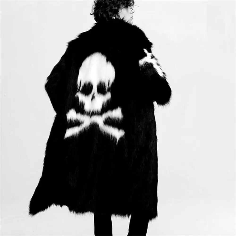 Mens Fur Furry Outwear Skull Pattern Coat Loose Casual Parka Match Colors Black White Coats Thick New 2022 images - 6