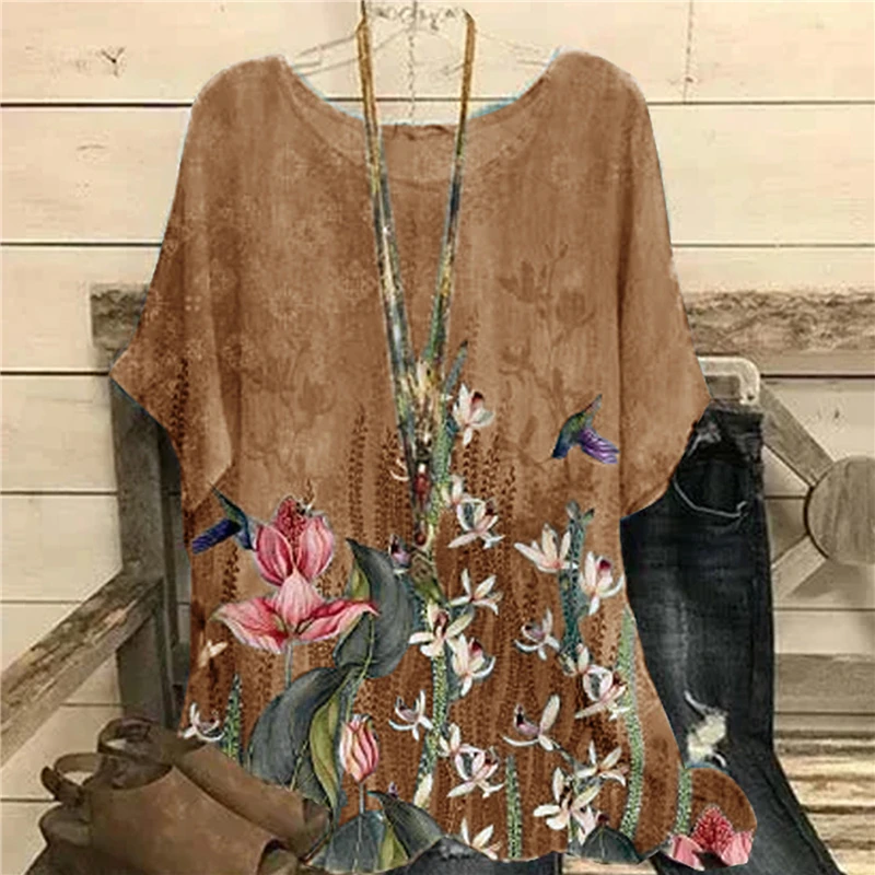 

Summer Clothes For Female Tops 2021 New Fashion Woman Vintage Short Sleeve Floral Print Top Shirts Blouse