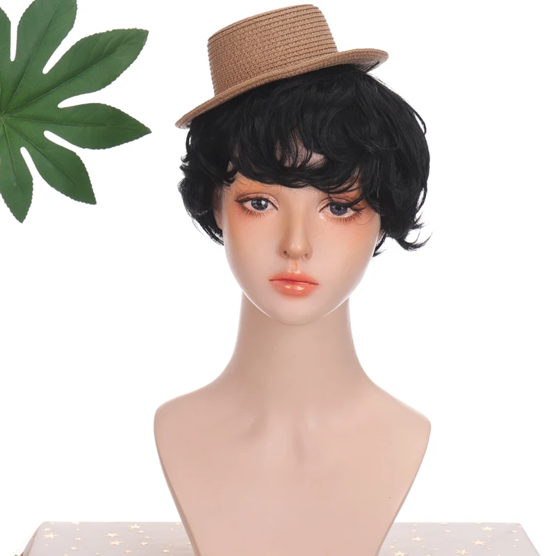 

LANLAN Black Synthetic Wigs with Bangs Short Wave Hair Wig for Black/White Women Daily Cosplay Heat Resistant Fibre