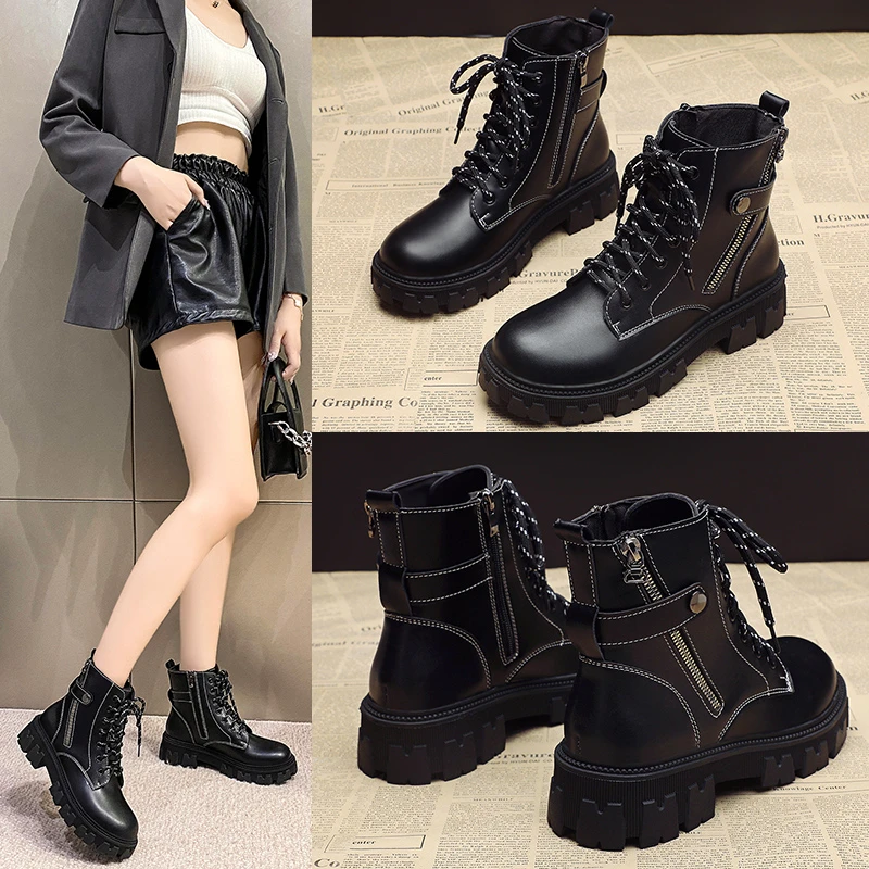 

Women Stretch Boots 2021 New Fashion Women's High-top Platform Short Boots Lace-up Women's Shoes Tooling