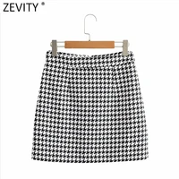 zevity new women vintage houndstooth plaid print casual slim pencil skirt faldas mujer female back zipper chic vestidos qun707