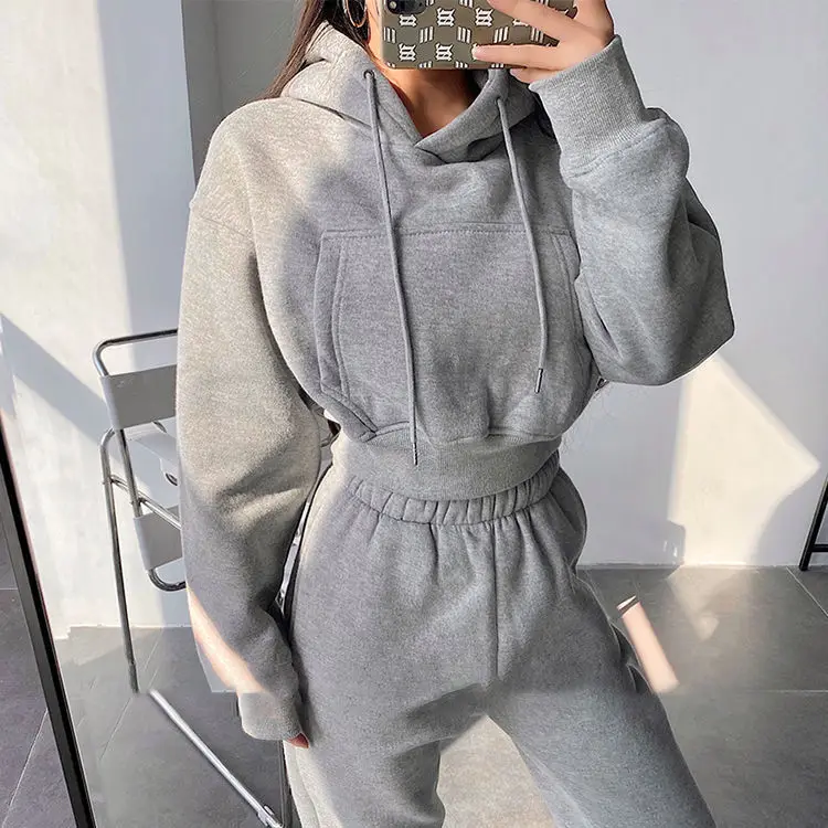 

2021 New Street hooded short pocket Plush bodysuit Korean high waist loose legged BODYSUIT