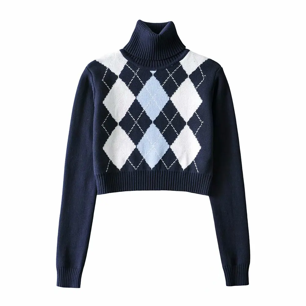 

Women Diamond Lattice Sweater Knitted Pullover Long Sleeve Casual Turtleneck Winter Autumn Sweaters