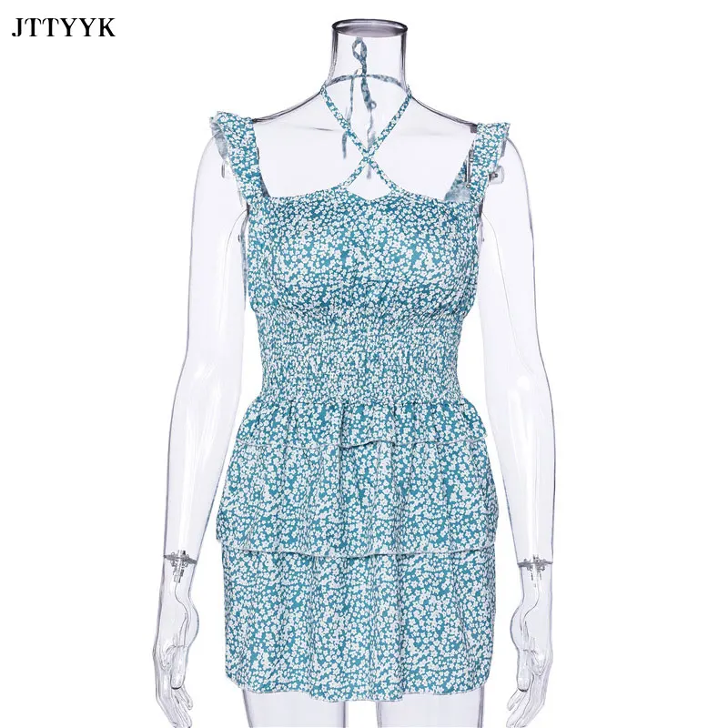 

2021 Summer New Women's Floral Sling Skirt Wood Ears High Waist Fold Cake Skirt Chiffon Print Dress Female Casual Sweet Dress