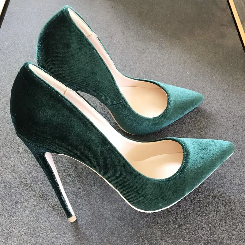 

European and American autumn new 12cm dark green light mouth pointed velvet high-heeled shoes mix and match sexy 10cm wedding