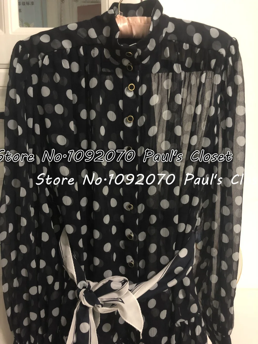 Women High collar Midnignt Dot Spot Print Silk Mini Dress