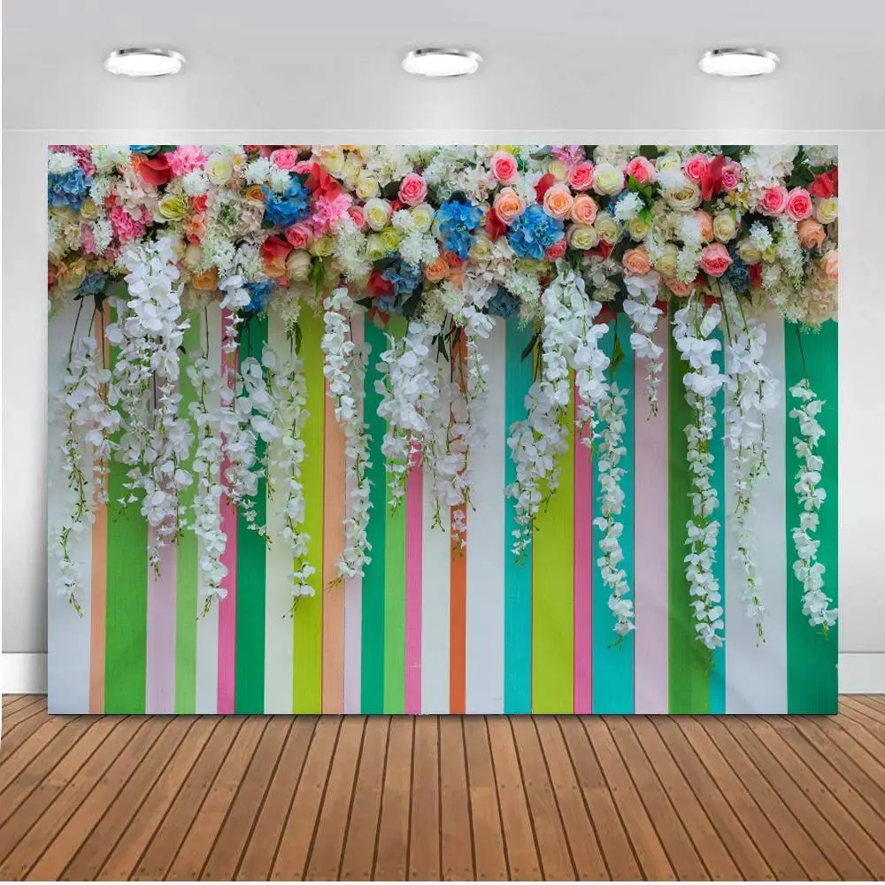

Wedding Flower Wreath Tasssel Colorful Wood Stage Bridal Baby Portrait Photo Backdrops Photography Backgrounds Photo Studio