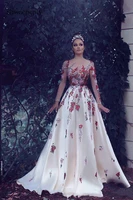 beautiful arabic dubai long formal evening dress appliques red floral lace illusion full sleeve engagement dress prom party wear