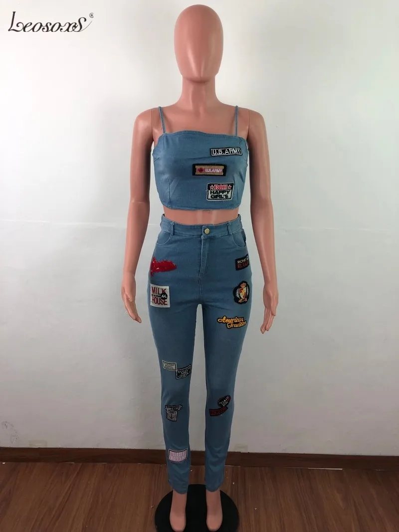 

LEOSOXS Denim 2 Piece Set Womens Jeans Suit Washed Jeans Denim Casual Zipper Backless Spaghetti Strap Crop Top Denim Patch Jeans