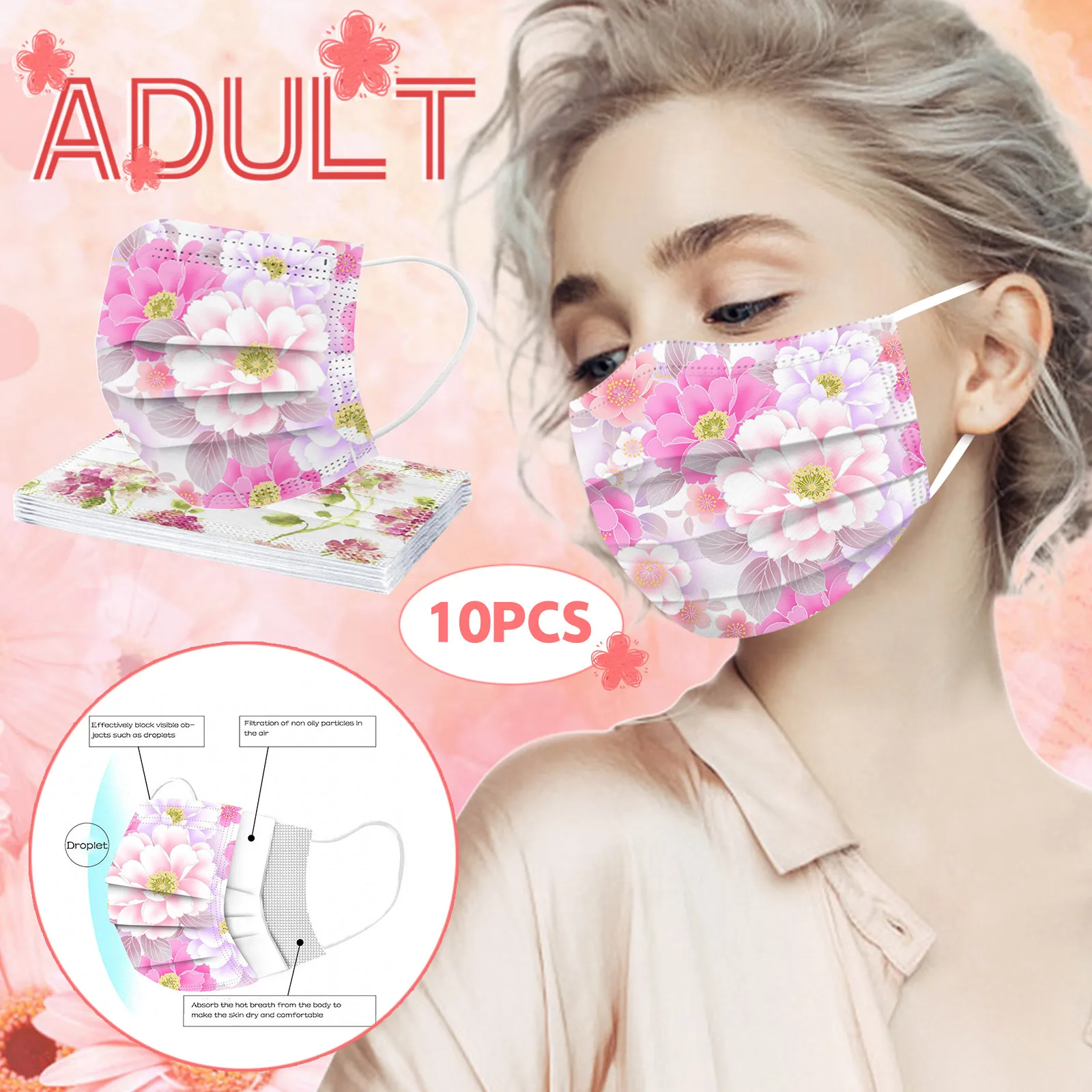 10PCS Women Floral Face Mask for Adult Flower Print Disposable 3-Layers Protection Breathable Pattern | Красота и здоровье