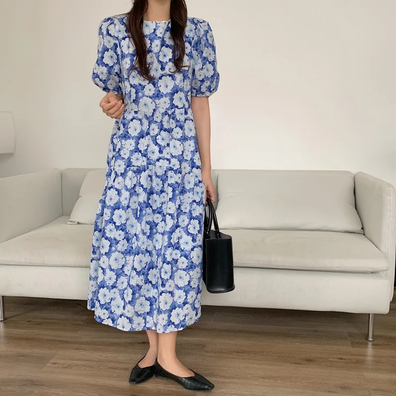 

Korean Chic French Sweet Round Neck Heavy Industry Oil Painting Relief Big Flowers Loose Waist Bubble Sleeve Summer Dress Kawaii
