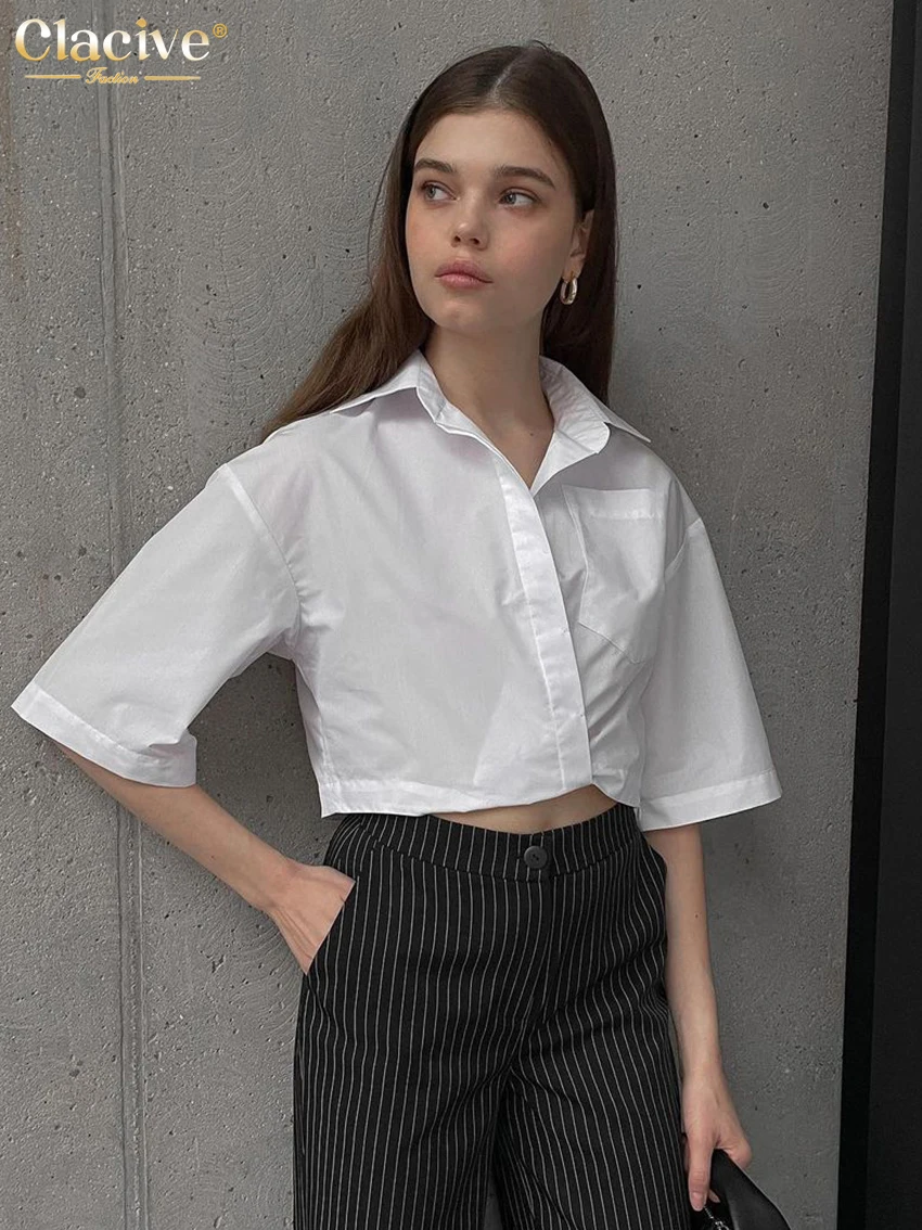 

Clacive Fashion Slim White Shirts For Women Casual Turn-Down Collar Short Sleeve Solid Female Shirts Tops 2022 Summer Blouses