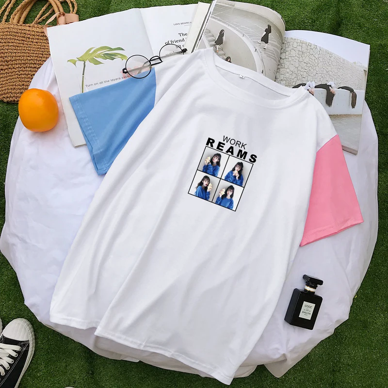 

Work Reams T Shirt Women Summer Short Sleeve Mutlitcolor Splicing Cotton Tshirt Casual Harajuku Funny Loose Tee Shirt Femme Tops