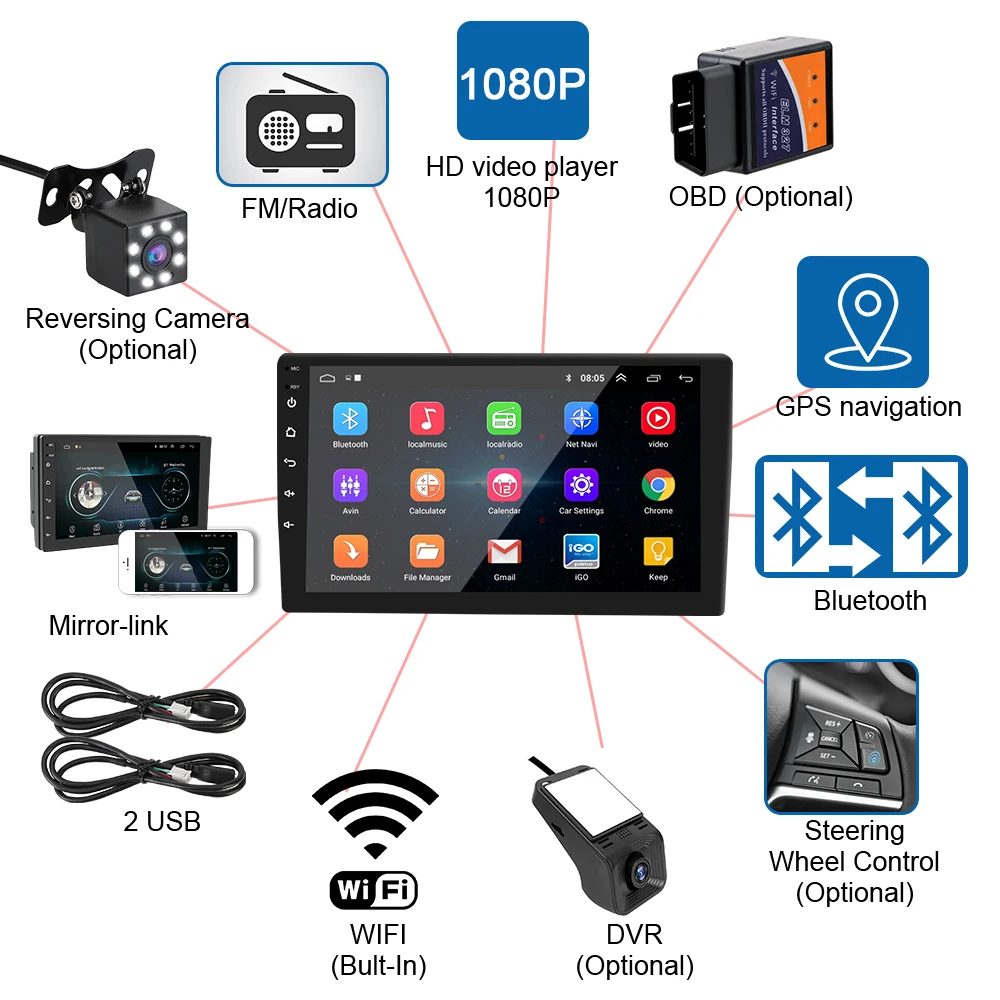 Универсальный мультимедийный проигрыватель 4 ядра 2 Din 9 дюймов GPS Wi-Fi Bluetooth Android 10 0 1