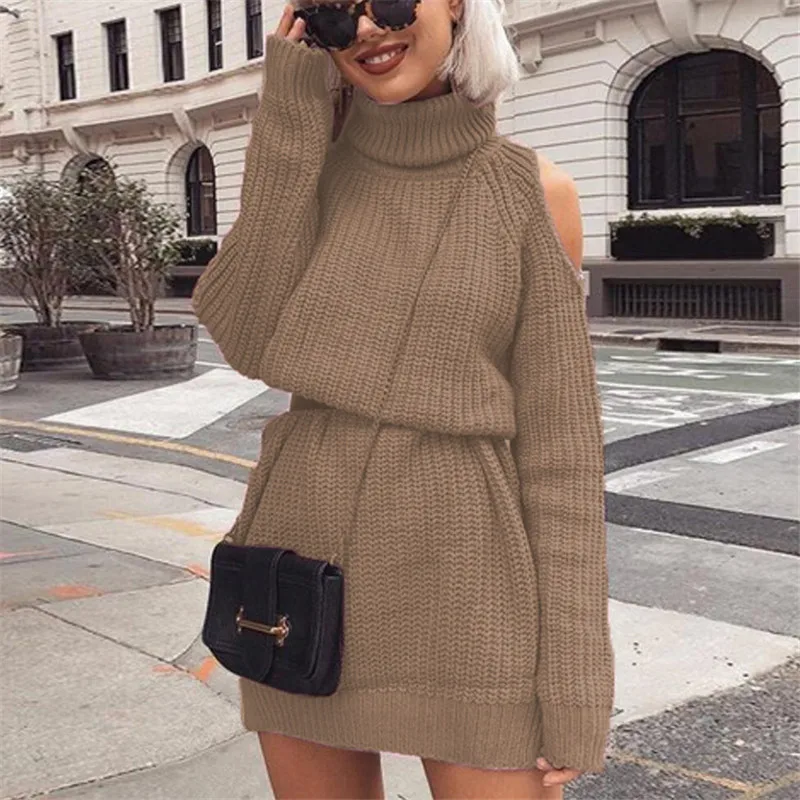 2019 Autumn New Women's Sweaters Long Turtleneck High Collar Off-shoulder Knitted Dresses Tricot Sweater Dress Women Winter Clot | Женская