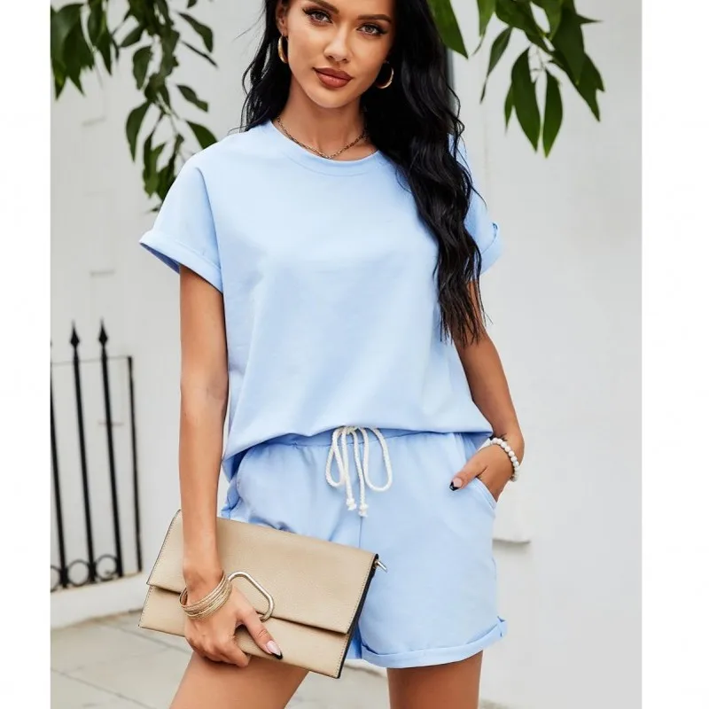 

Summer Women Set 2 Piece Tracksuit Home Wear Casual Fashion Short Sleeve Solid Color Shorts Outfits Bicyle Suit Jogger Sportwear