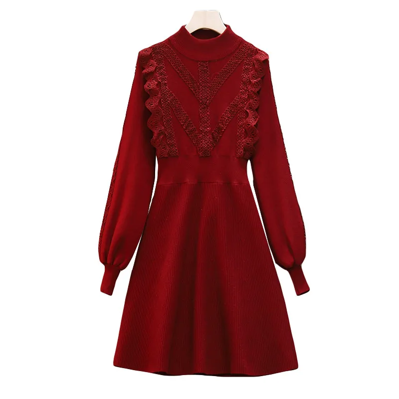 

Осеннее платье, женское Новое кружевное платье с оборками, однотонная водолазка с коротким воротом, пуловер, вязаный свитер, платье размера ...