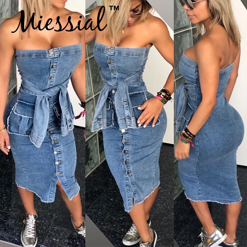 Miessial облегающее джинсовое платье с открытыми плечами, Женское зимнее элегантное платье размера плюс, синее платье миди, вечерние платья для ночного клуба, джинсовое платье без рукавов