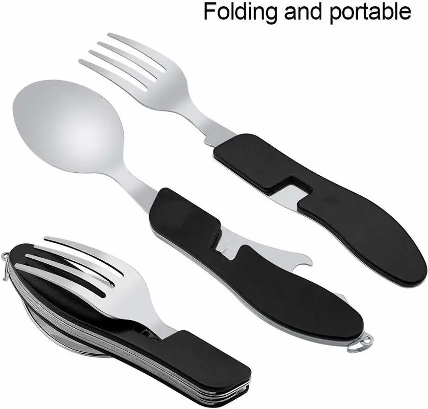 4-in-1 Portable Camping Utensil Stainless Steel Folding Fork Knife Spoon Bottle Opener Set Multifunction Outdoor Tableware | Спорт и