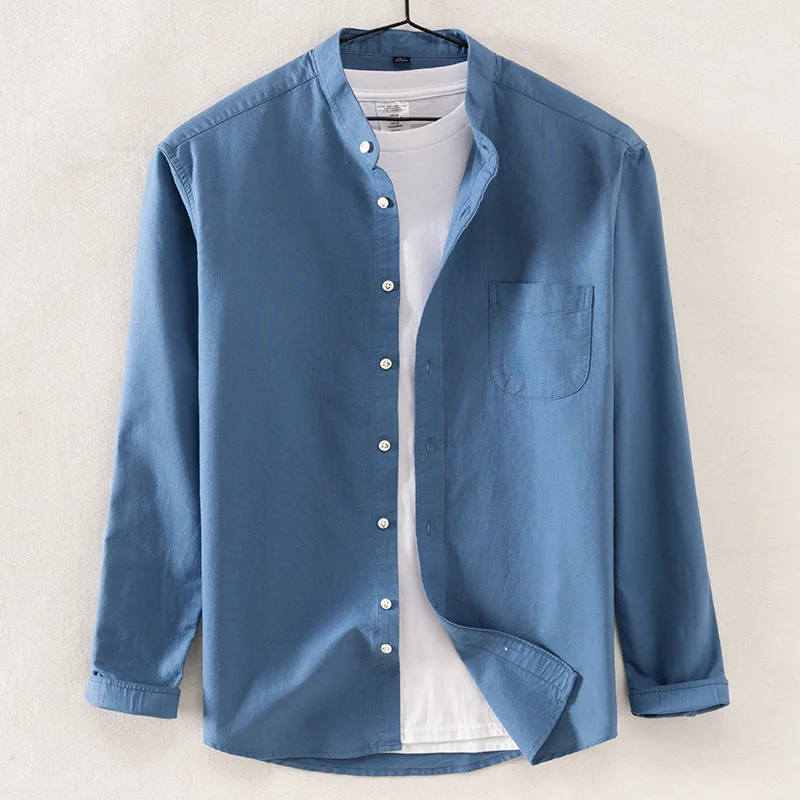 

Solid Color Stand-up Oxford 100% Cotton Longsleeve Shirt for Men Korean Clothes Mens Fashion Clothing Trends Button Up Shirt
