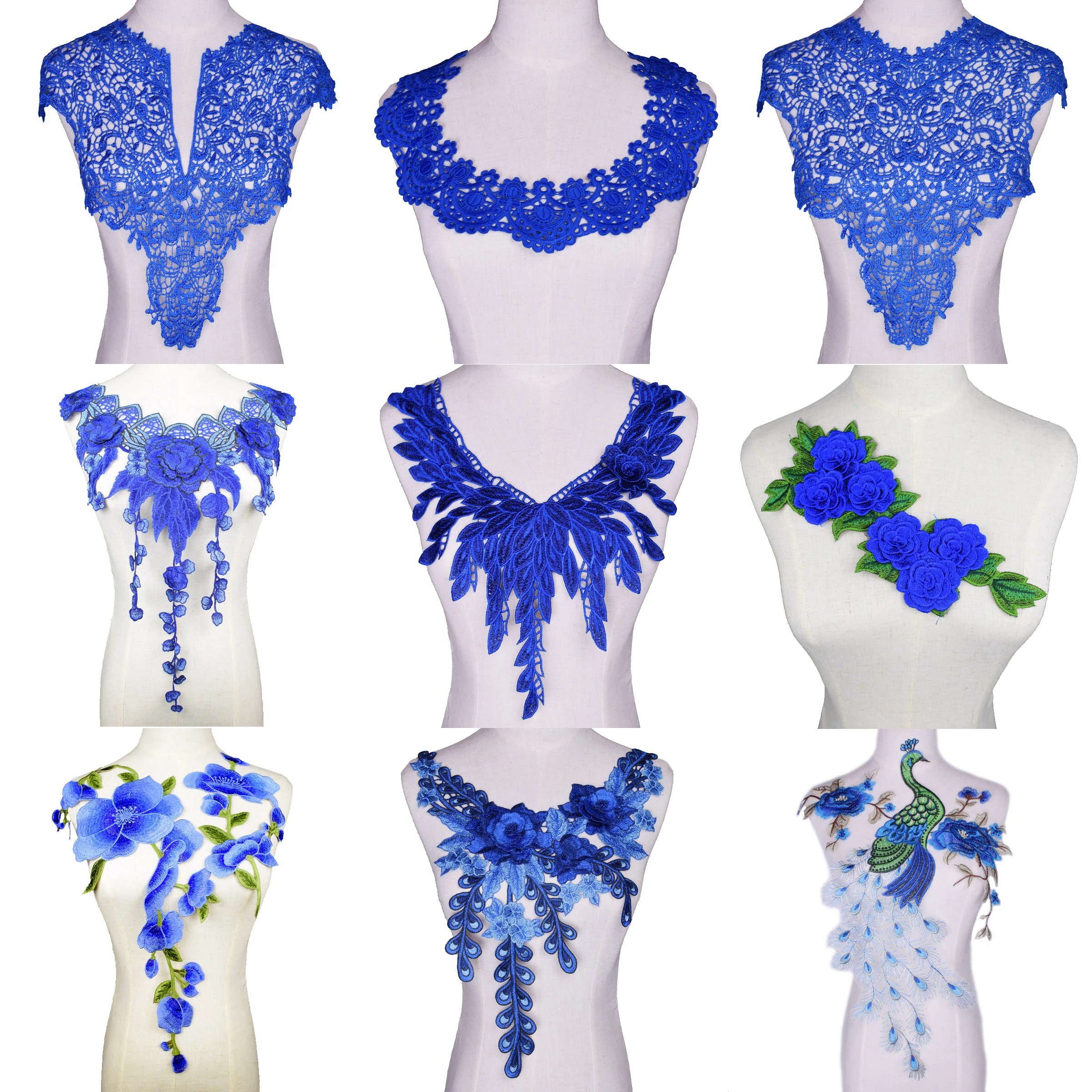 1Pc Sewing Blue Embroidered Fabric Sequins Lace Neckline Collar Applique Applications for Clothes DIY Accessories | Дом и сад