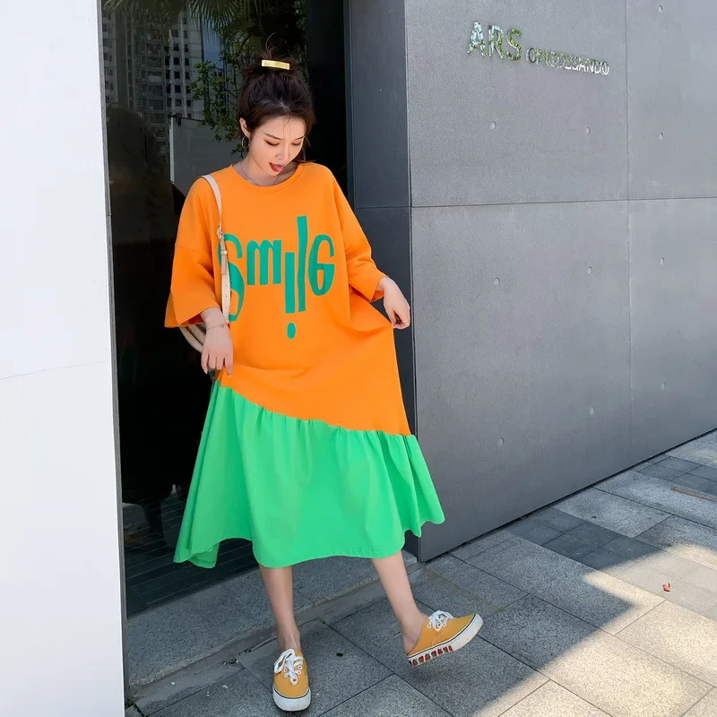 

2021 Summer New Korean Plus Size Loose Thin Big Swing T-shirt Dress Casual All-match Simple Blue Lace Women Tops Free Shipping