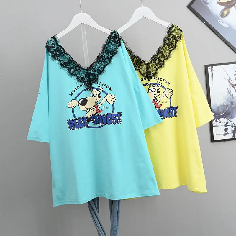 

Женская Кружевная футболка с V-образным вырезом, свободная облегающая простая повседневная универсальная двухсторонняя футболка с коротки...