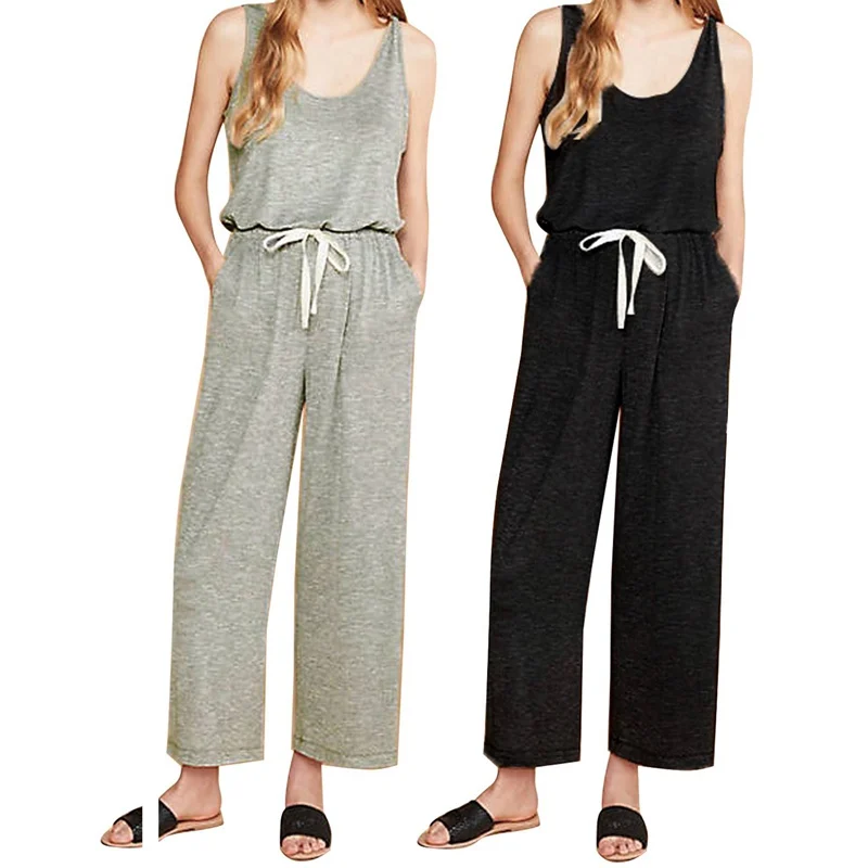 

New Women's Fashion Round Neck Vest Lace Casual Female Siamese Straight Pants