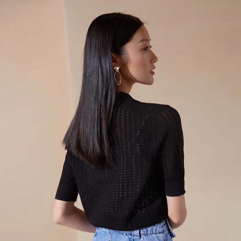 

GALCAUR Designer Shirt For Women Lapel Collar Short Sleeve Hollow Out Minimalist Solid Single Breasted Blouses Female 2021 Style