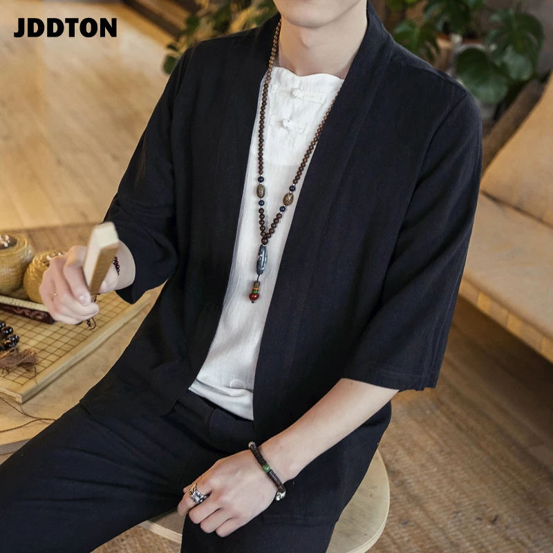 JDDTON мужское хлопковое кимоно модный Свободный однотонный кардиган приталенная