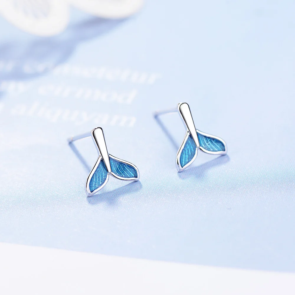 

CL-251 Sterling Silver Needles Blue Mermaid Tail Earrings Korean Fashion Cute Mini Ear Jewelry For Women Jewelry Wholesale 2021